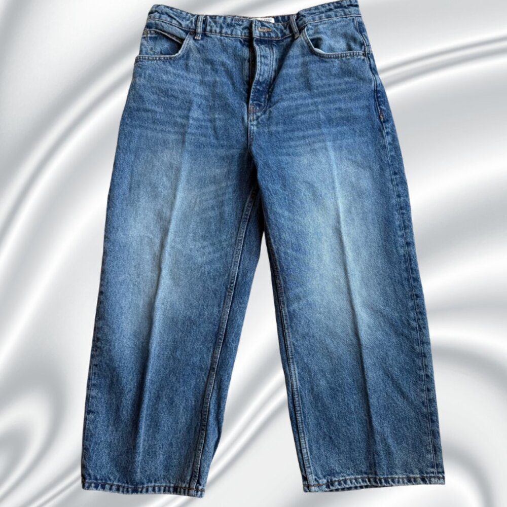 We The Free Wide Leg Crop Denim Jeans Sz 31 Button Fly Medium Wash